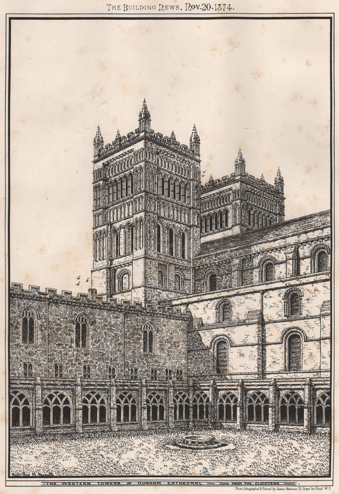The western towers of Durham Cathedral, view from the Cloisters 1874 old print